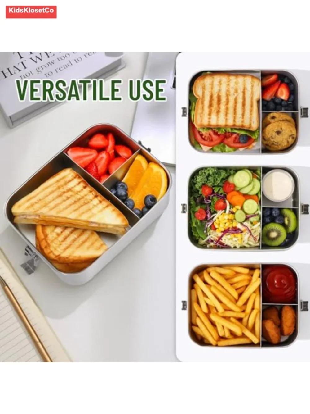 Stainless Steel Bento Box 3 Compartments Leak-proof Lunch Container